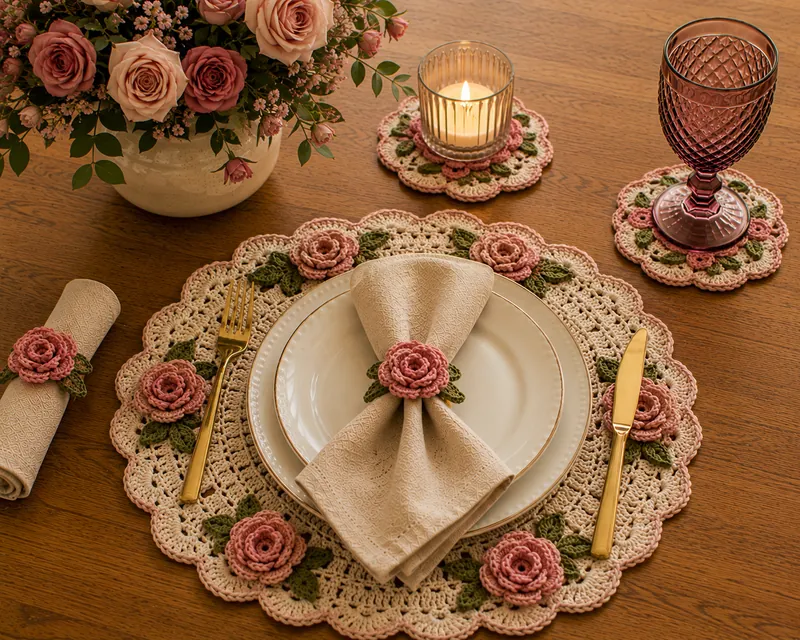 Sousplat de crochet con rosas hecho a mano